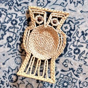 Vintage Macramé Ratan Woven 1970s Boho Owl With Wood Eyes